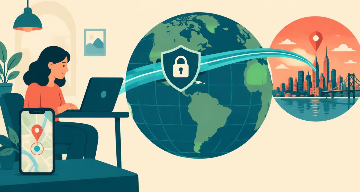 VPN shield tunnel routing a laptop's connection to a distant city while the phone GPS pin stays at the user's real location