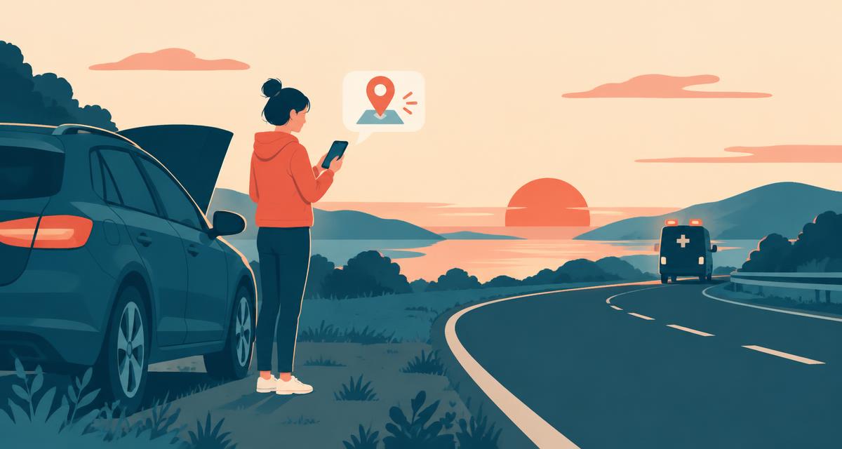 Woman beside a broken-down car at dusk sending her location pin from her phone while an ambulance approaches