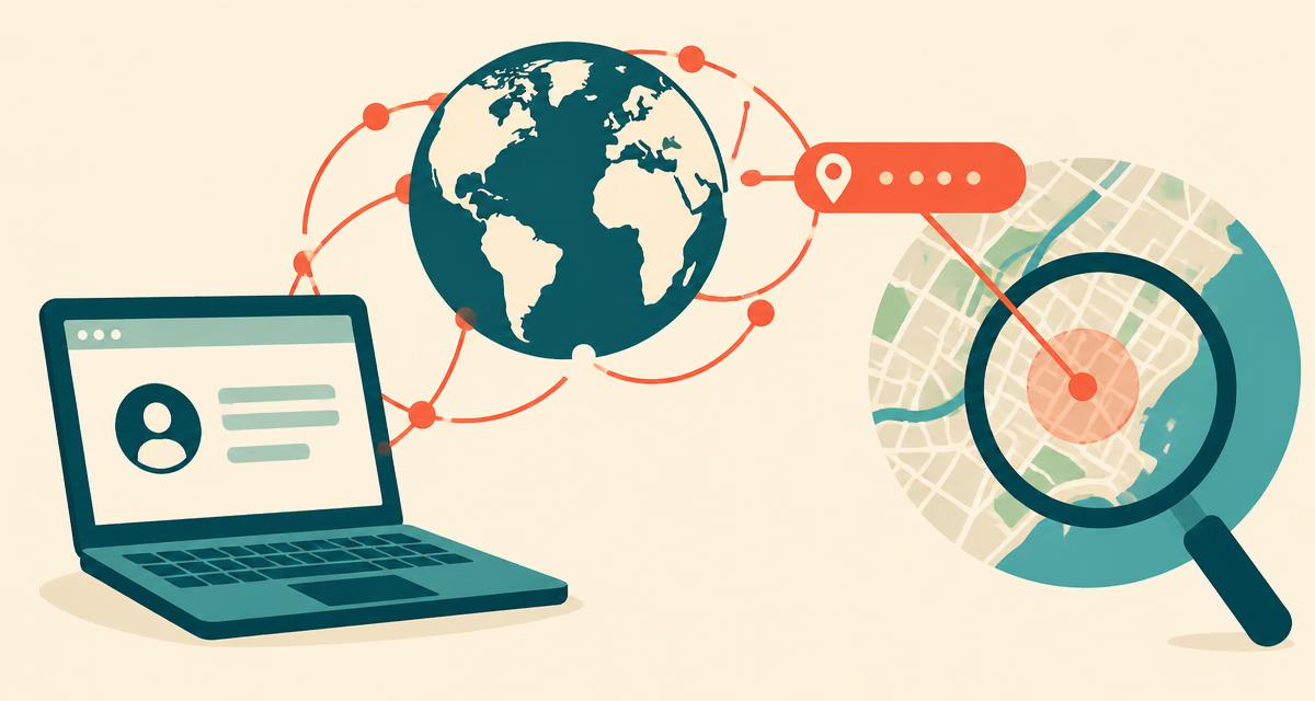 Laptop connected across a globe to an IP address tag pointing at an approximate city area under a magnifying glass